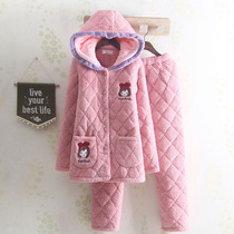 Winter hooded cartoon casual Lady thick coral velvet pajamas padded jacket simple wear plus velvet home suit suit