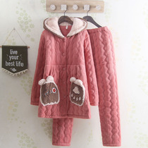 High-end hooded cute lady thickened cotton pajamas in winter long pregnant womens Moon clothes three-layer home clothing set