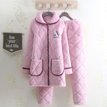Pajamas Lady Autumn Winter Thickened Triple Layer Coral Suede Clip Cotton Pyjamas in the middle of the Long Casual Home Suit Suit