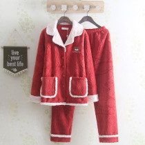 High-end pajamas ladies winter double thick plus velvet solid color cute warm simple coral velvet home suit set