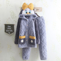Cartoon Cute Pyjamas Lady Thickened with Flannel Clip Cotton Student Lian hat flannel Flannel Triple Warm Home Suit Suit