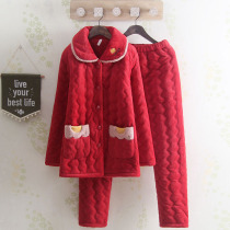 High-grade fashion solid color ladies thick cotton cotton and velvet pajamas big red casual three-layer warm two home clothes
