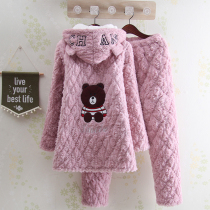 Hooded cartoon cute bear thick coral velvet winter ladies pajamas students Leisure warm home clothing set