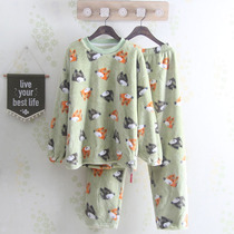 Autumn and winter casual ladies thick and velvet pajamas flannel pullover round neck cute cartoon loose home suit set