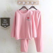 Pajamas cartoon round neck students thick plus velvet solid color sweet coral velvet lady home clothes flannel suit winter