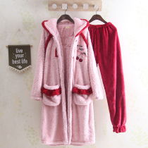 Korean version of thick autumn and winter long Lady sweet pajamas coral velvet hooded flannel student home clothes