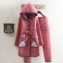 Hooded long thick winter ladies warm pajamas slim coral velvet cotton three-layer home suit women
