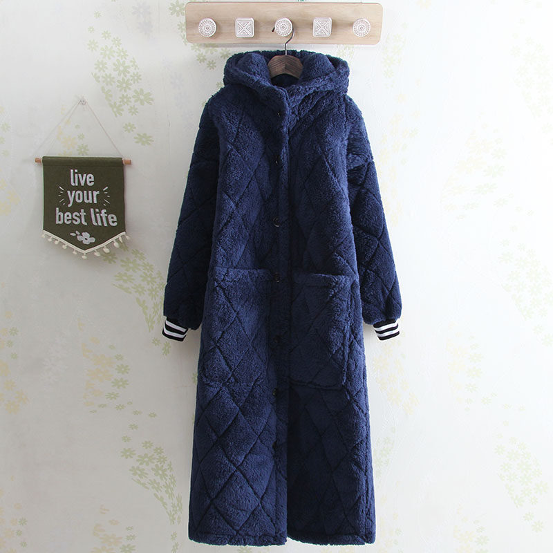 Korean Version Pure Color Thickened Winter Sleeping Coat Triple Warm Sleeping Robe Lady with cap lengthened Coral Suede Home thick