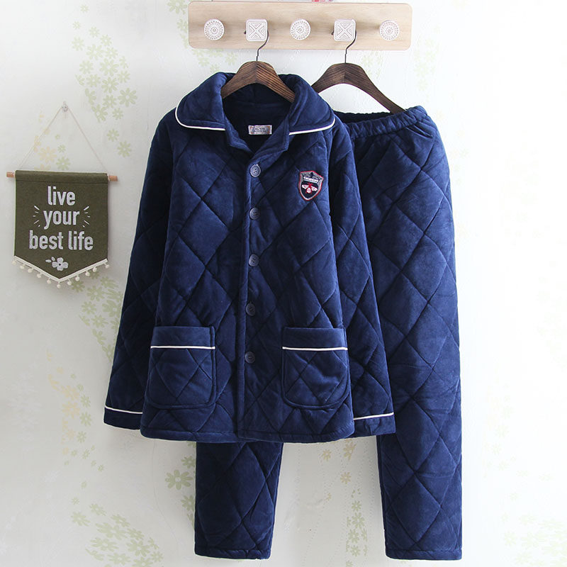 Thick quilted winter three-layer warm coral fleece men's pajamas solid color simple casual outerwear temperament home service