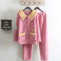 Lady Autumn Winter Ladies Large Turnover Thickening Plus Suede Pajamas Navy Wind Bubble Suede Casual Pure Color Sweetness Home Suit Jacket