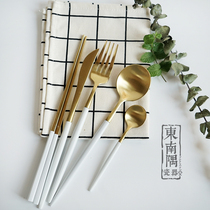 European Golden White Handle Western Dining Knife Fork Cutlery 604 Stainless Steel Steak Knife Fork Chopsticks 4 pieces
