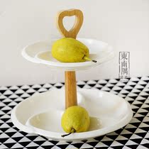 Japanese-style pure white ceramic double-layer grid plate afternoon tea fruit snack upper and lower cake rack Western bamboo handle