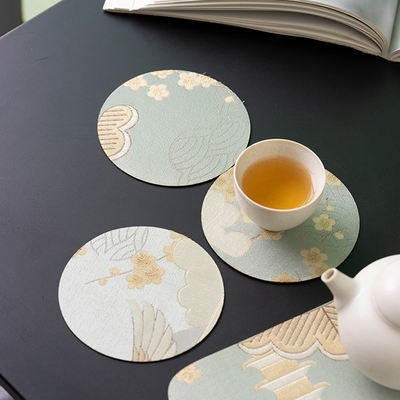 Double-sided brocade, round hexagonal coasters, Chinese tea setting props, heat insulation, spare parts, waterproof, and golden cup holders