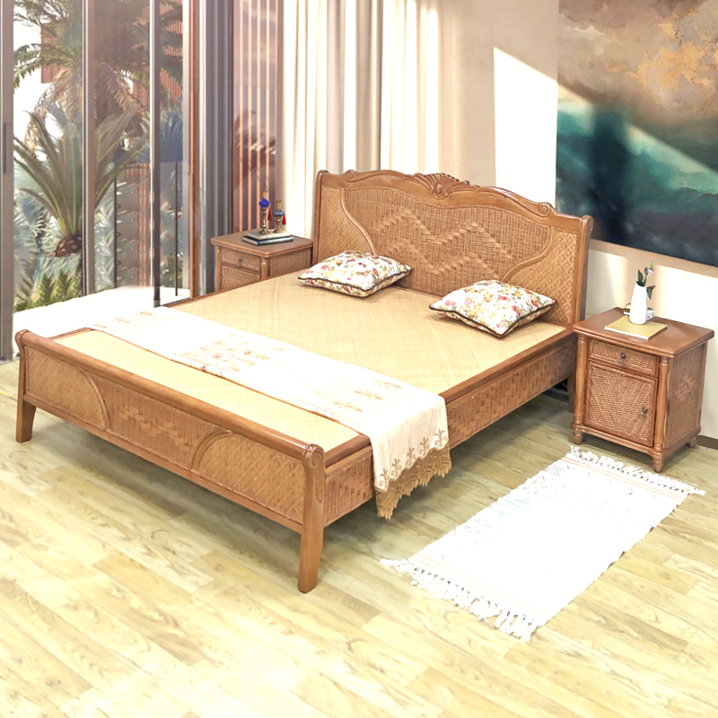 Hotel Apartment suite Room custom real rattan solid wood bed 1 5 meters 1 8 meters single rattan double bed