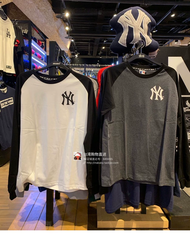 Đài Loan mlb Yankees mùa xuân và mùa thu cotton mới cổ tròn T NY nam và nữ giản dị in áo thun dài tay - Áo phông dài