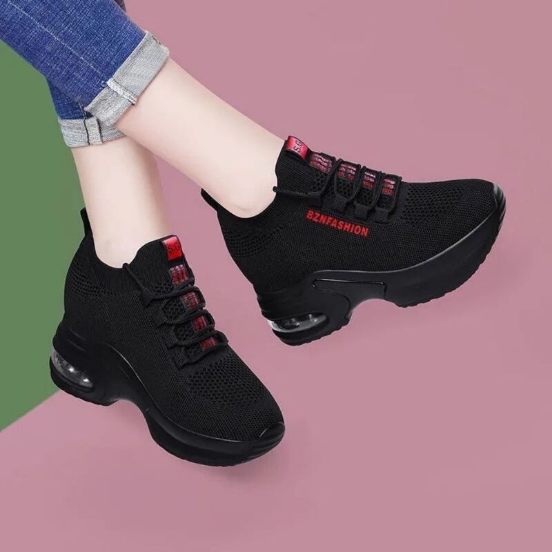 Inner Height-Increasing Women's Shoes Spring and Summer 2023 New Versatile Casual Travel Shoes Thick-Soled Black Breathable Sports Shoes for Women