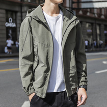 Spring and autumn mens sports jacket Korean version of fashion casual handsome tooling jacket loose solid color hooded top tide