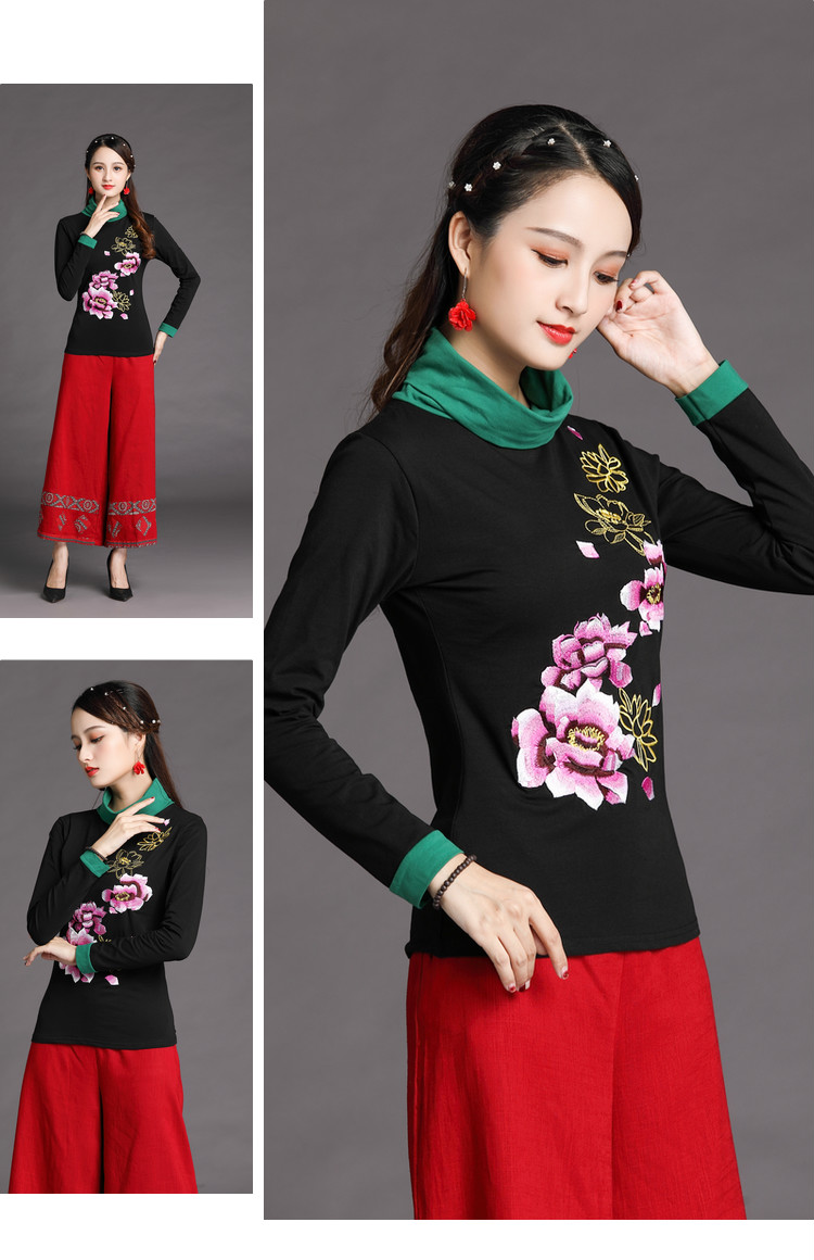 Phong cách dân tộc mùa thu của phụ nữ Áo thêu cổ cao tay dài chạm đáy Áo thêu hàng đầu Nối quần áo giảm béo cỡ lớn Áo thun nữ áo thun tay dài nữ form rộng