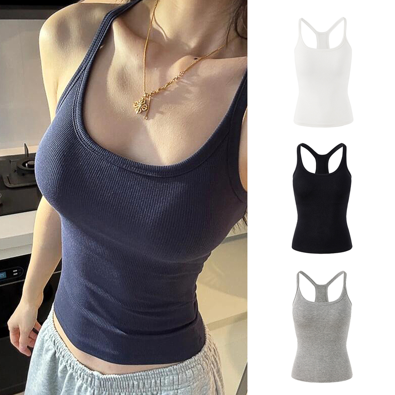 Women's Racerback Tank Top with Chest Pads for Summer, Halter Neck, Backless, Suitable for Sports and Fitness, Sleeveless Top