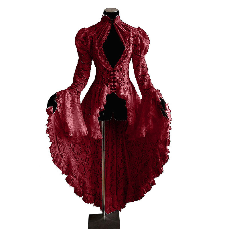 European and American Medieval Retro Gothic Style Baroque Palace Puff Sleeve Waist-Cinching Swallowtail Hem Lace Long Shirt