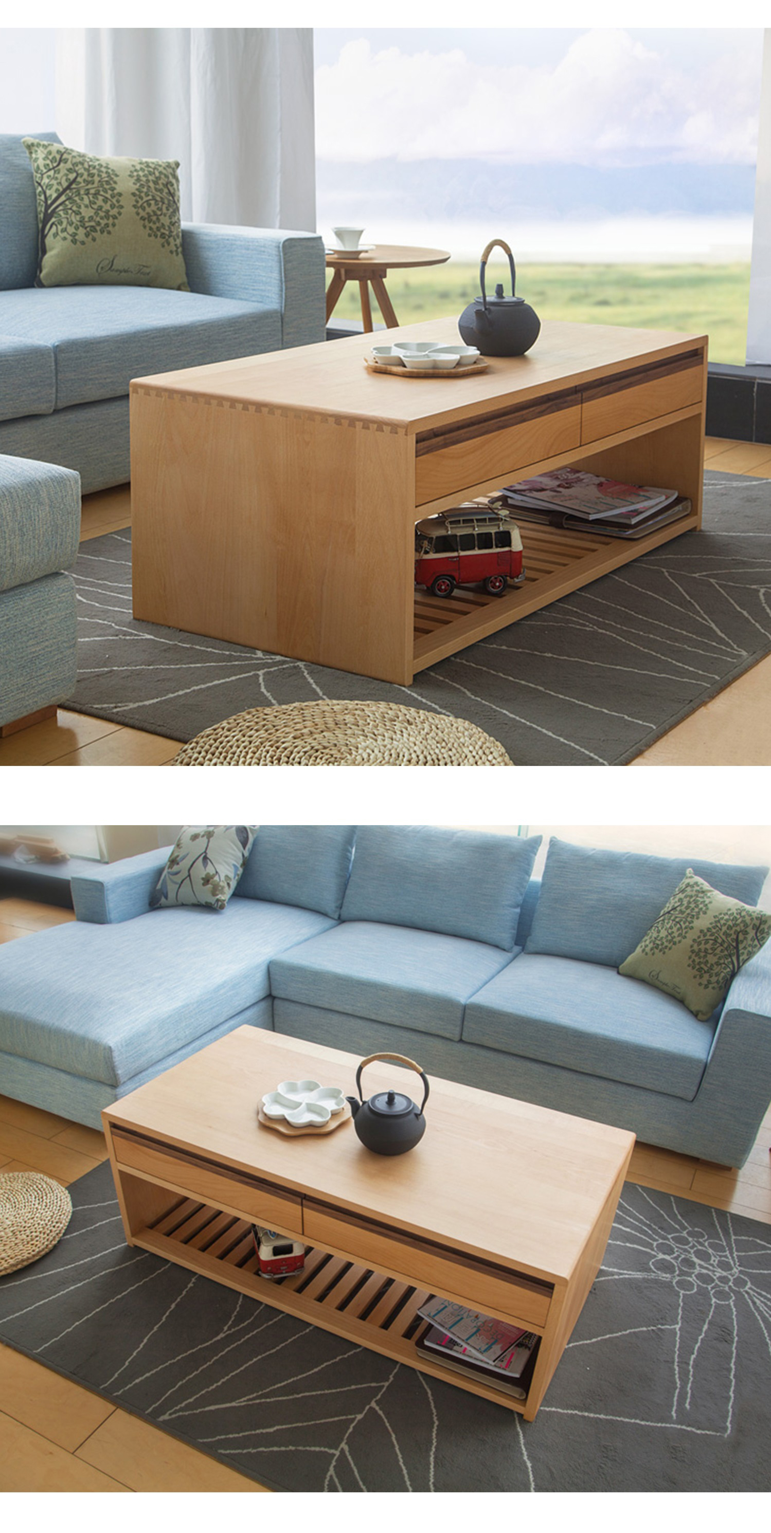 Và đồ nội thất bằng gỗ Bắc Âu Tối giản Nhật ký Elm White Oak Black Walnut Bàn cà phê bằng gỗ nguyên khối có ngăn kéo CJ028 - Bàn trà bàn kính sofa