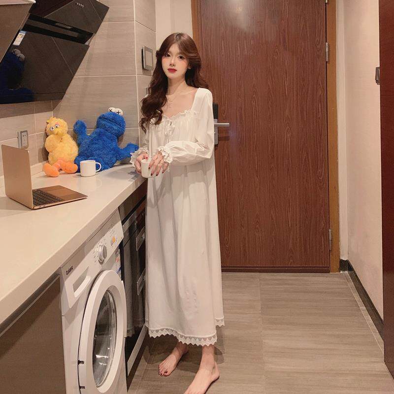 New Ins Sleeping Dress Pyjamas Woman Spring Autumn Season Winter 2020 Palace Day Department Sweet And Long Version White Long Sleeve Home Suit