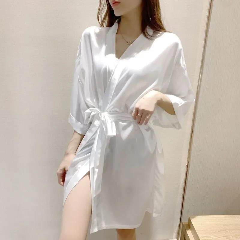 Large size nightgown women's summer ice silk high-end loose kimono net red spring and autumn five-point sleeve bathrobe silk bath dressing gown