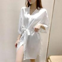 Large-size nightgown womens summer ice silk high-end loose kimono net red spring and autumn five-quarter-sleeved bathrobe silk bath morning robe