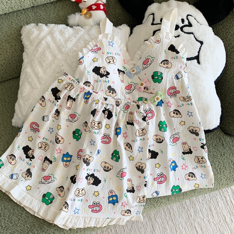 Crayon Shin-Chan Pajamas for Women with Breast Pads, Summer Cloud Cotton Camisole Shorts, Home Wear Set, Summer