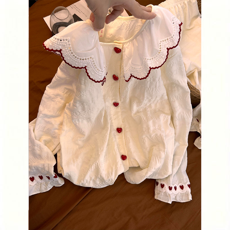 Love Heart Embroidery with Chest Pads, Women's Pajamas, Spring and Autumn Korean Style Sweet Doll Collar Lace Trim Loungewear Set