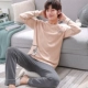 Bộ đồ ngủ nam mùa xuân và mùa thu cotton cho nam Bộ đồ cotton dài tay trẻ trung có thể mặc cỡ lớn phần mỏng phục vụ tại nhà mùa đông pijama ngắn tay