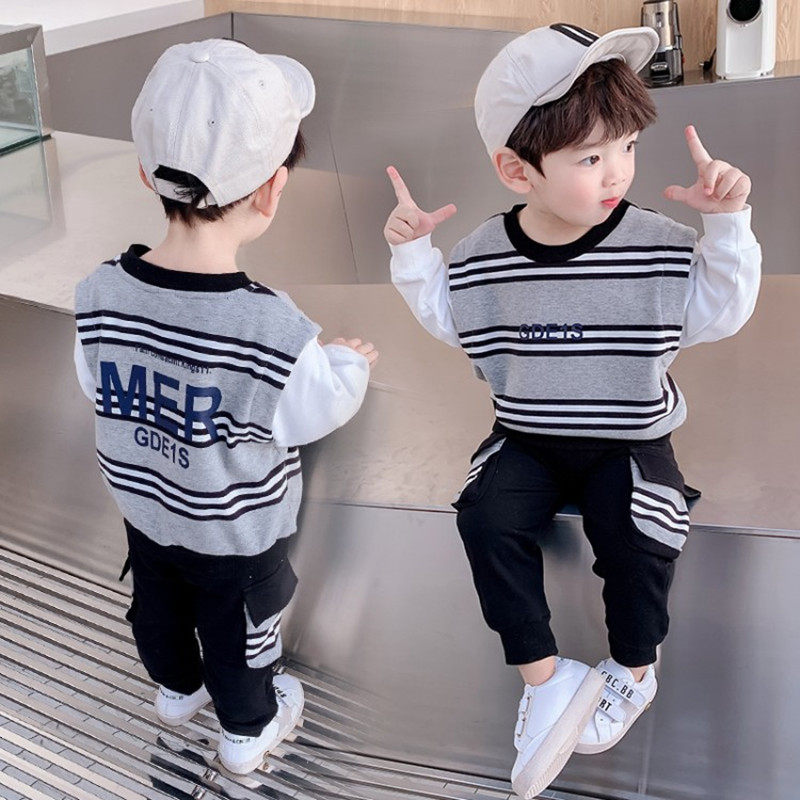 next alice boy suit 2021 spring new children's foreign school baby striped casual top children's two-piece set
