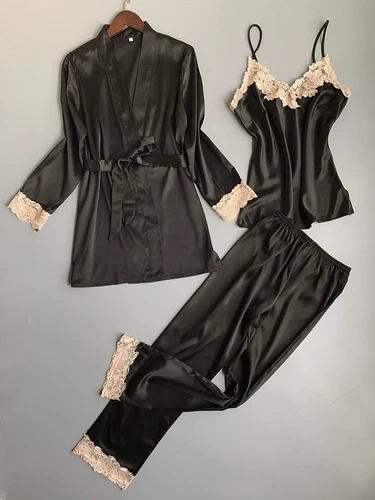 Осенний сексуальный лонгслив, пижама, шелковый комплект, тонкий банный халат, 2021 года, 3 предмета