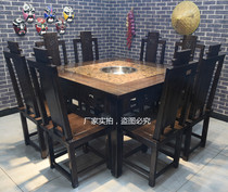 Solid wood hot pot table Commercial marble skewer incense round table Induction cooker smoke-free gas stove One-piece hot pot table and chair combination
