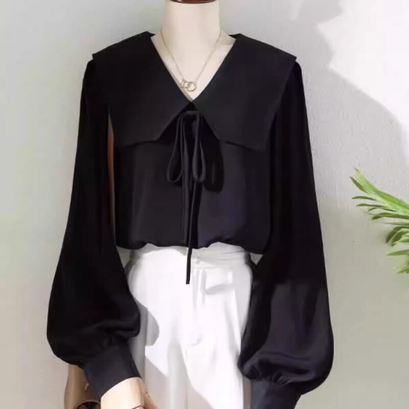 Plus Size 150kg Tie-Bow Chiffon Long-Sleeve Black Shirt for Men and Women, French-Style Casual Lantern Sleeve Shirt for Spring and Autumn