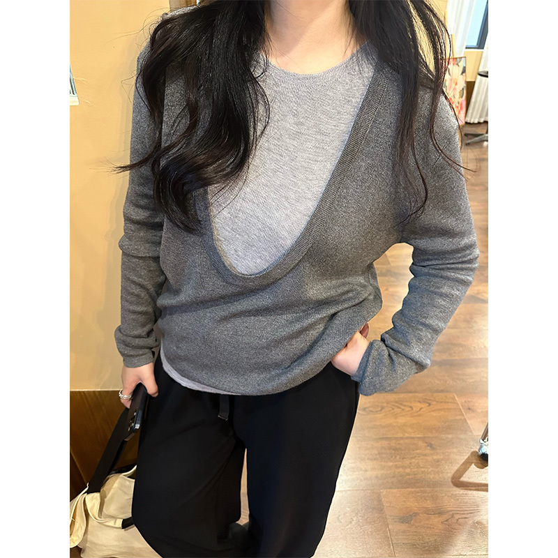 Nini One Slightly Chubby-Friendly, Super Slimming Loose Knit Top, Faux Two-Piece Design, Soft and Loose Knit Long Sleeves