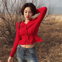 Mùa thu 2018 mới nữ port rượu vang retro áo len cổ chữ V sang trọng khí ngắn đoạn ngắn Áo len dáng dài tay khoác len