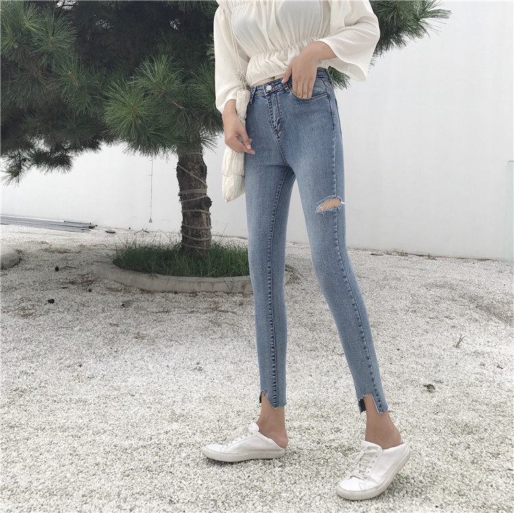 2018春款牛仔裤女韩版复古chic紧身高腰小脚裤弹力水洗破洞铅笔裤