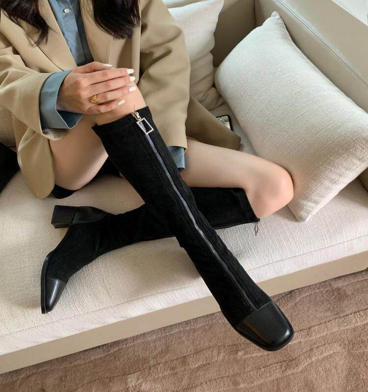 Front zipper khaki boots women's elastic spring and autumn single boots but knee suede elastic boots large size 41 middle tube 43