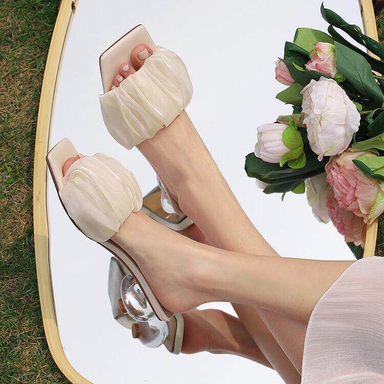 2022 new mesh slippers women's outerwear ins fairy style French sandals with skirt crystal heel small fresh summer