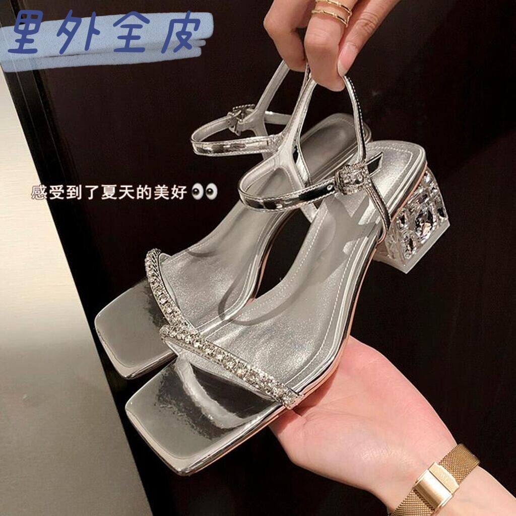 Silver sandals for women with leather simple chunky rhinestone high heels 2022 new summer fairy style square toe