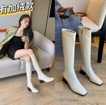 Anna autumn boots womens rice white but knee-thin square head high-heeled long knight boots elastic large size 41 net red 43