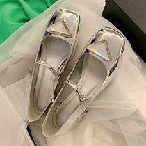 Silver Mary Jane shoes single shoes high heels retro square head female leather Baotou thick heel sandals small fragrance 2022 new