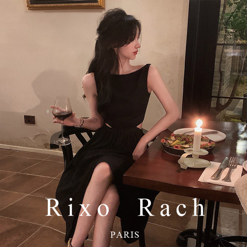 Rixo Rach French-Style Hepburn-Inspired Black Sleeveless Dress for Women, Waist-Cinching Tie Long Dress, High-End Little Black Dress