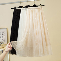 Special cabinet net yarn Broken Flowers Half Body Skirt Woman 2021 Autumn Winter High waist a long section Conspiculy Slim Shade White Fairy Skirt