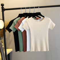 Counter knitted T-shirt women summer thin ice silk short sleeve slim slim round neck wooden ear bottoming shirt women