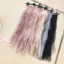 Counter 2021 summer new double mesh dress womens high waist A- line dress Korean version of half-length skirt super fairy medium length