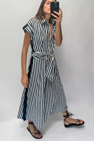 Spring and summer new style I temperament linen striped belt short-sleeved midi dress shirt dress for women 2783775044