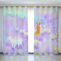 Nordic ins wind curtain bedroom 2021 new modern net celebrity living room watercolor oil painting full blackout floating curtain