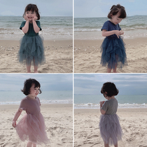 Young Yo-yo Girls Dress Summer Pure Cotton Short Sleeve Yarn Dress Small Child Skirt Little Girl Seaside Beach Dress